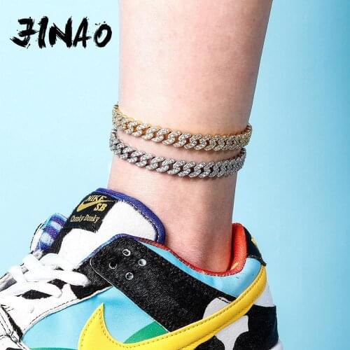 JINAO New 9" 10" Gold/Silver Color Anklet 9mm Charm Cuban Chain Anklet Iced Out Cubic Zirconia Anklet Gift Fashion Jewelry Gift