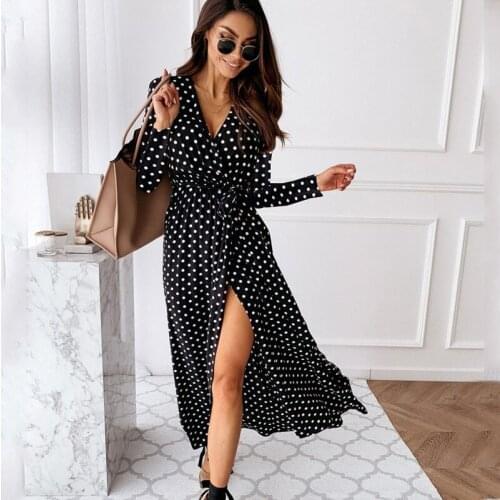 Sexy V-neck Printing Split Midi Dress For Woman 2021 Spring Fashion Polka Dot Plus Size 5XL Bohemian Beach Vacation Long Dresses