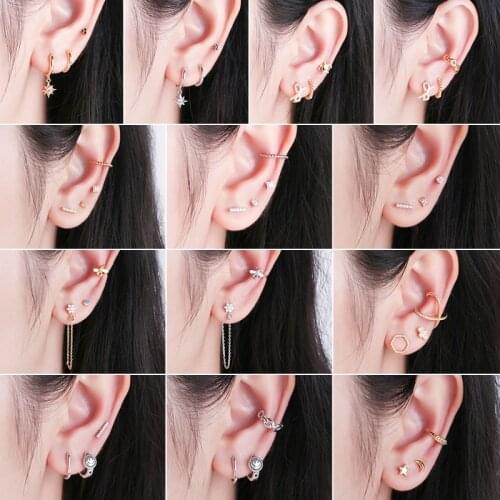 S925 Sterling Silver Cute Star Moon Stud Earrings Geometric Ear Stud Hoops Clips Set For Women Mini Cubic Zirconia Jewelry Gifts