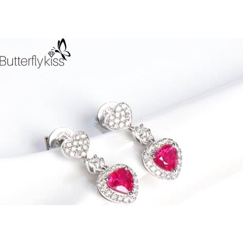 BK 18k White Gold Ruby Drop Earrings For Women Heart Shaped Gemstone Diamond 15*6mm Anniversary Engagement Wedding Fine Jewelry