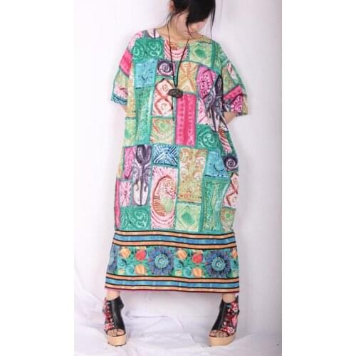 2015 Fluid vintage loose three quarter sleeve print full dress - ru