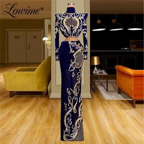 Royal Blue Embroidery Evening Dresses Two Piece Long Sleeve Party Gown 2021 Newest Couture Formal Middle East Women Evening Wear
