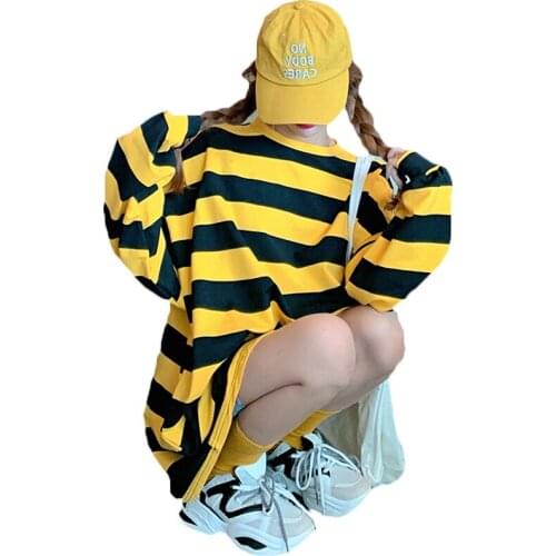 2021 New Spring Autumn Loose Mid-length Large Striped Long-sleeved T-shirt Women Sweatshirts 32A