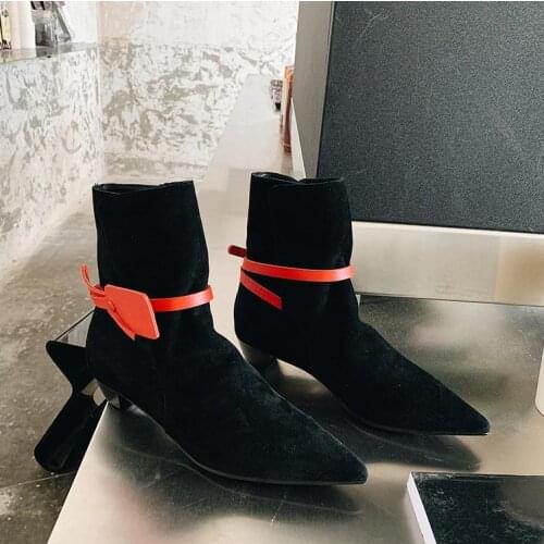 Sock Boots Women Autumn Med Heels Botas Mujer Chammy Ankle Boots Pointed Toe Ladies Shoes Slip On Bota Feminina Zapatos De Mujer