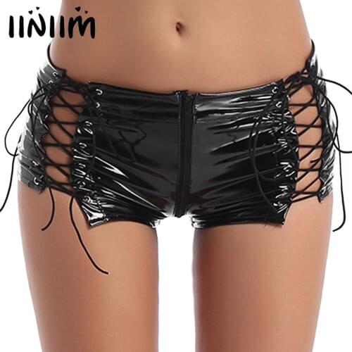 Womens Wet Look Sexy Mini Shorts Patent Leather Low Rise Hollow Out Lace-up Zipper Crotch Booty Shorts Mini Hot Pants Night Club