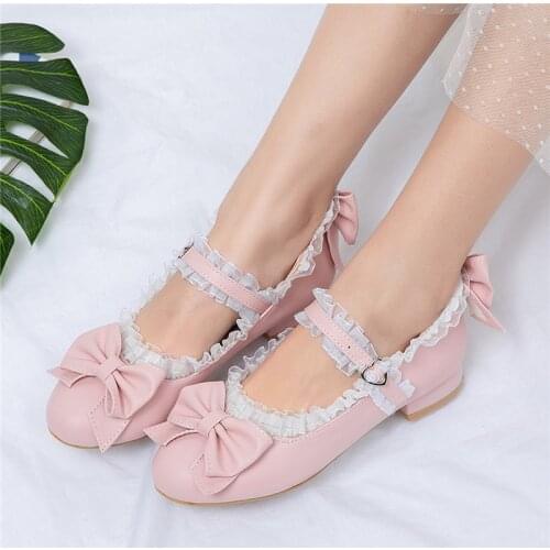 Pink Mary Jane Shoes for Women Bow Lolita Kawaii Shoes Flats Designer Woman Fashion Cute Flat Shoes 2020 Big Size 33 42 43
