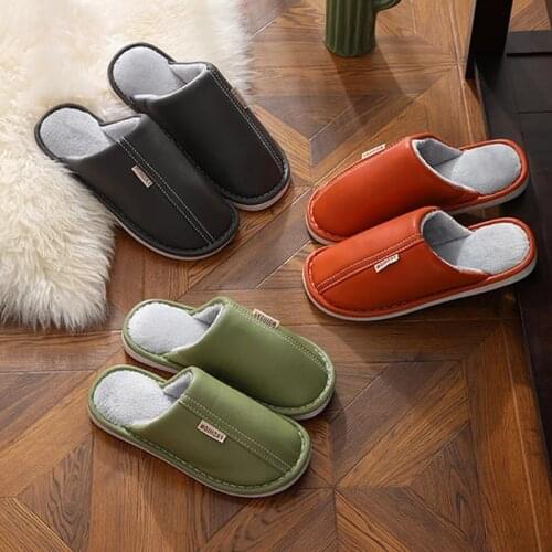 Ousefu Women Winter Plush leather Slippers Soft Warm Waterproof Slippers Woman Men Sweing Home Slipper Femael Kitchen Shoes