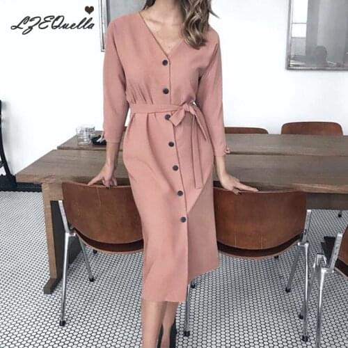 LZEQuella Women Solid Color Long Dress Spring Button Belt Dresses Sexy V Neck Sashes Vestidos 2020 Ladies Clothes NZ2455