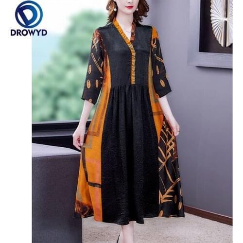2021 Black Print Mulberry Silk Vintage Midi Dresses Spring Summer V-neck Print Loose Dress Women Elegant Bodycon Party Vestidos