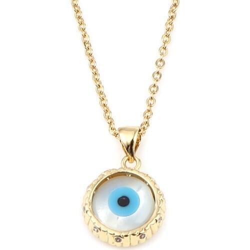 1 PC Stainless Steel & Copper Religious Evil Eye Necklace Gold Color White & Blue Round 44cm(17 3/8") long