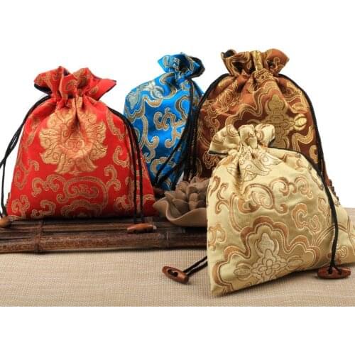 16x19cm Large Floral Silk Satin Gift Pouches Drawstring Christmas Party Favor Bags High End Wedding Bag Candy Storage Bag