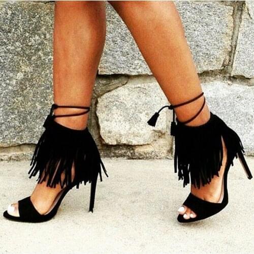 2018 High Heels Summer Women Pumps Suede Basic Casual Sandals Tassel Black Lack up Sexy Female Shoes Heels