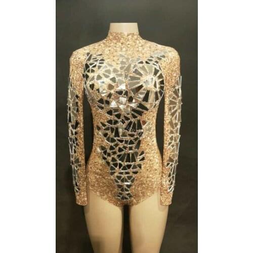 2019 Sexy Gold Mirrors Mesh Bodysuit Sexy Transparent Net Costume Stage Dance Wear Leotard Dance Performance Costume
