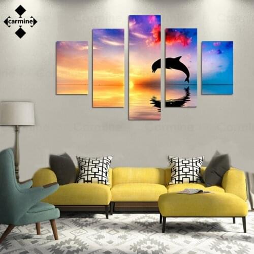 Printing Pictures 5 Pieces Leaping Dolphin Painting On Canvas Home Sunset Wall Art Modular Posters and Prints Living Room Decor