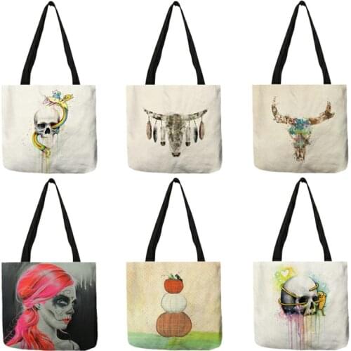 B13125 Watercolor Skull Painting Women Bags Linen Cloth Tote Handbag For Shopping Traveling Foldable