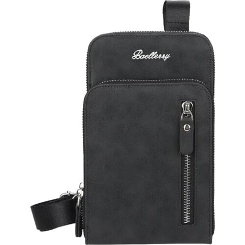 Baellerry Mens Large Capacity Mobile Phone Bag Zipper Messenger Bag Male PU Chest Bag Black