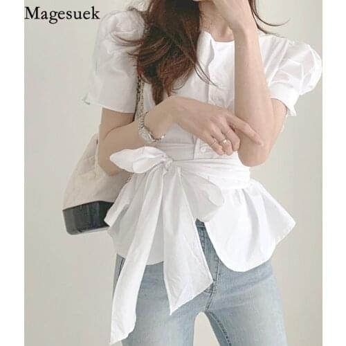 Summer Short Sleeve Blouse Women Korean Style OL Bandage Waist Slim Bow Shirt Top Ladies Shirt O Neck Puff Elegant Clothes 15049