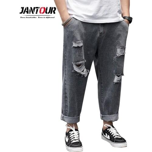Jeans Mens Retro Harajuku Straight Baggy Denim HoleTrouser Male Casual Trendy Streetwear Ankle-length Pants Wide-leg Hip Pop