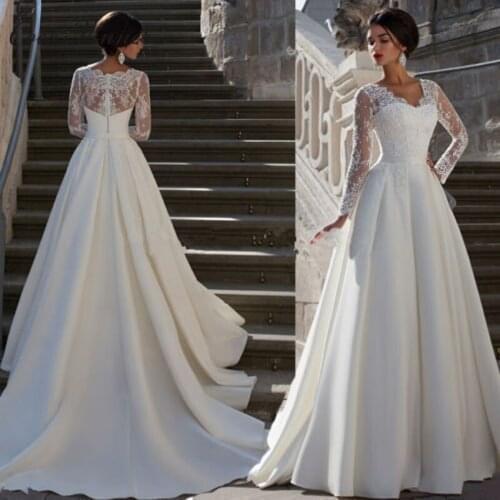 European Style V Neck Long Sleeve Lace Appliques Plus Size Wedding Dress A line Satin bridal dress wedding gowns W0040