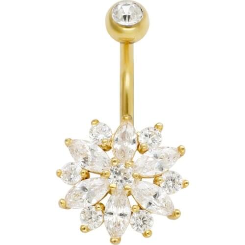 JHJT 14G Women Navel Belly Button Ring Flower Gold Barbell 316L Surgical Steel Belly Piercing Body Jewely
