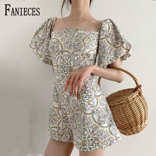 Summer Print Jumpsuit Women Casual Puff Sleeve Square Collar Playsuit Vintage Shorts Holiday Beach Rompers monos mujer
