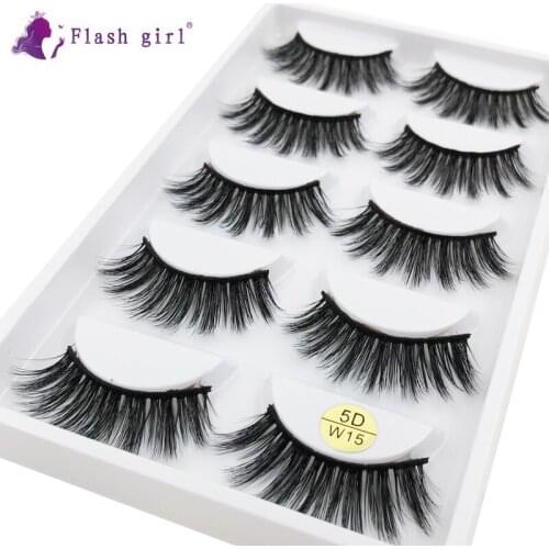 Hot Selling 5 Pairs 5D Mink Eyelashes Handmade Reusable Natural False Eye Lashes Thick Volume Long Eyelashes 5D-W15
