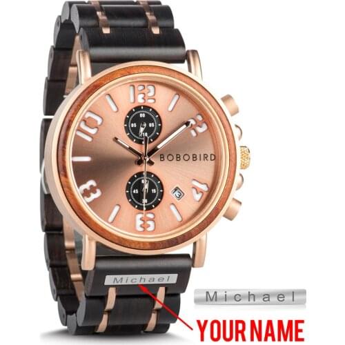 BOBO BIRD Customized Name Mens Watches Wood Stainless Steel Band Luxury Style Luminous Waterproof Quartz watches reloj hombre
