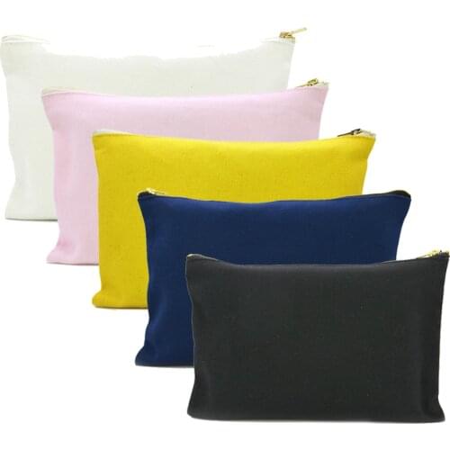 Oivefeet,5pcs 12oz Plain Black White Blue Pink Yellow Cotton Canvas Cosmetic Bag Travel Toiletry Makeup Gold Zipper Pouch Bag