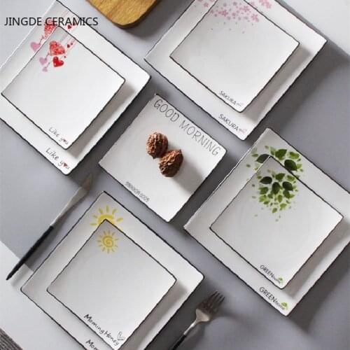 2Pcs Direct selling Nordic simple black line squat anti-scalding ceramic dish home kitchen dessert steak salad storage tray