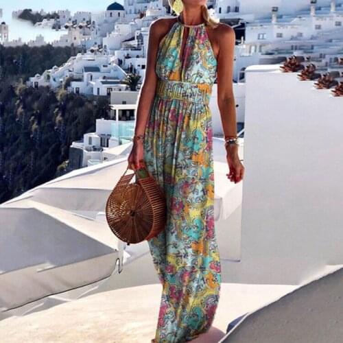 Plus Size 2021 Summer Bohemian Floral Print Party Dress Womens Elegant Sleeveless Long Backless Spring Openwork Dress