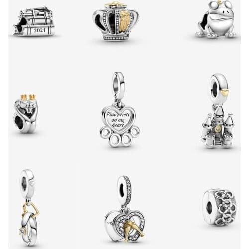 925 Sterling Silver Beads Two-Tone Frog Prince Regal Crown 2021 Graduation Hearts & Paw Print Flower Pattern Clip Dangle Charm