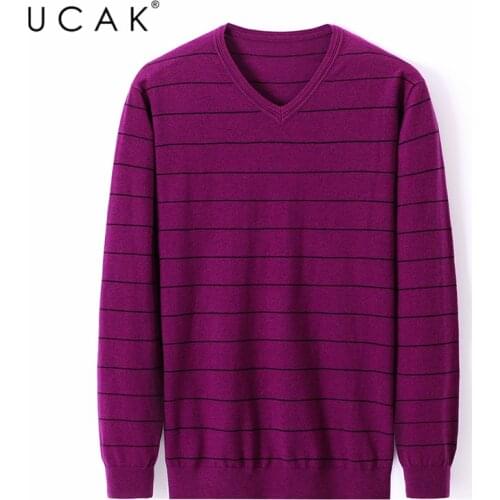 UCAK Brand Striped V-Neck Sweaters Mens Clothes Autumn Winter Fashion Style Streetwear Sweater Homme Casual Pullover Men U1091