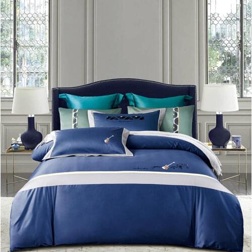 Navy Blue Bedding Set Long-staple Cotton Bed Set Embroidered Bedding Bed Linen Queen/King Size Bed White Edges Pillowcase