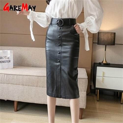 2021 Black PU Faux Women Leather Skirt with Belt Midi Sexy Bodycon Split Skirts Khaki High Waist Office Pencil Skirt Knee Length
