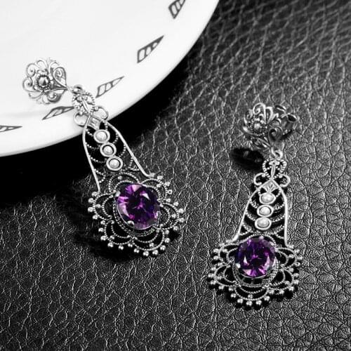 Real 925 Sterling Silver Earrings Women Classic Stylish Flower Drop Earring Oval Amethyst Gem Noble Royal Antique Silver Jewelry