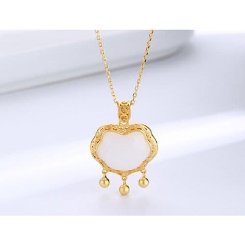 Ethnic Style 925 Sterling Silver Gold-plated Inlaid Natural Hetian White Jade Wishful Lock Pendant Female Necklace