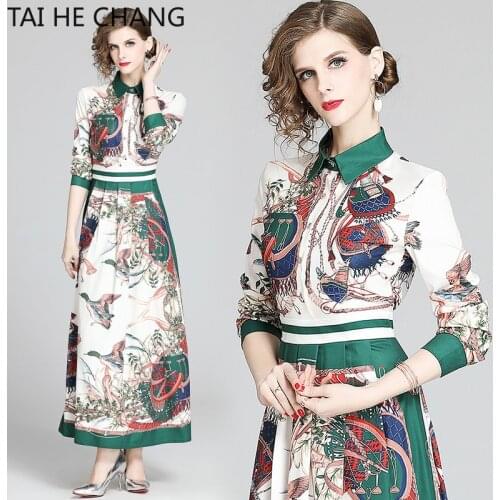 Women Dress New Fashion Retro Spring Summer Elegant Slim Bodycon Vintage Party Runway Print Shirt Office Work Maxi Dresses