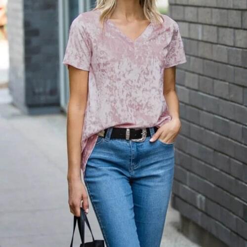 Gold Velvet Women Blouse Tops Short-sleeved V Neck Casual Ladies Shirt 2020 Summer NEW Fashion Female Velves