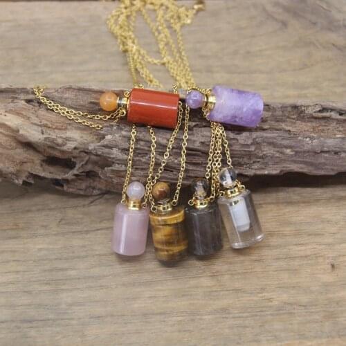 Golden Necklaces Cylinder Tiger eye Essential Oil Vial Pendants Amethysts Crystal Quartz Perfume Bottle Charms Jewelry QC1037