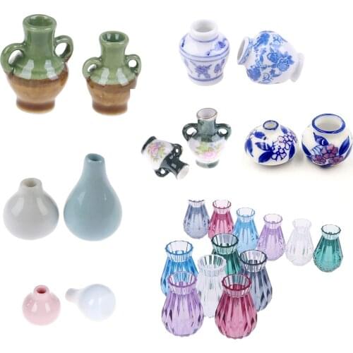 2pcs/set Colorful 1:12 Mini Model Doll House Flowerpot Vase 1/12 Scale Handcrafted Dollhouse Decoration Accessories