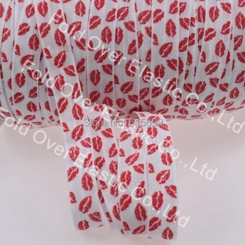 4 colors Glitter Lips printed FOE Elastic Ribbon for Valentine, FOE factory offer custom printing Fold Over Elastic