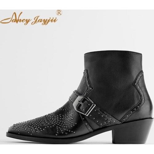 Black boots ladies adult black solid ankle pointed toe buckle winter square high heels mature simple large size Nancyjayjii 2019