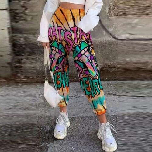 Popular Color Print Women Elastic Waist Full Pants Casual High Steet Lady Pocket Trousers Spring Autumn Femme Streetwear Hip Hop