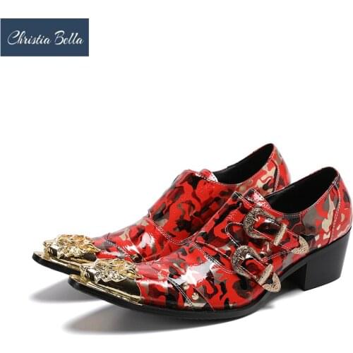 Christia Bella Designer Camouflage Real Leather Men Shoes Pointed Toe Wedding Dress Shoes Male Mid Heel Formal Leather Shoes