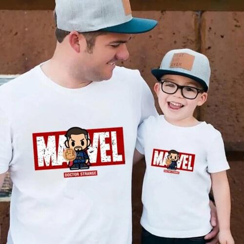 Summer New Family Matching Outfits Father Son Daughter T-shirt Harajuku Marvel Short Sleeve Tops Super Hero Tshirts Casual White