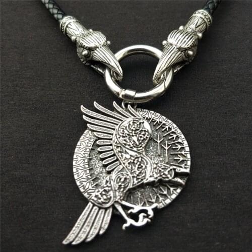 Nordic Talisman Viking Raven Pendant Black Bird Celt Crow Necklace Men Pendant Jewelry With Raven Head PU Leather Chain