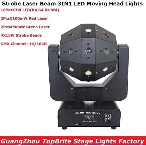 Laser Strobe Beam 3IN1 Professional Moving Lights 16X3W LEDS + 4X15W Strobe Beads Stage Effect Lights With RG TWO Color Laser