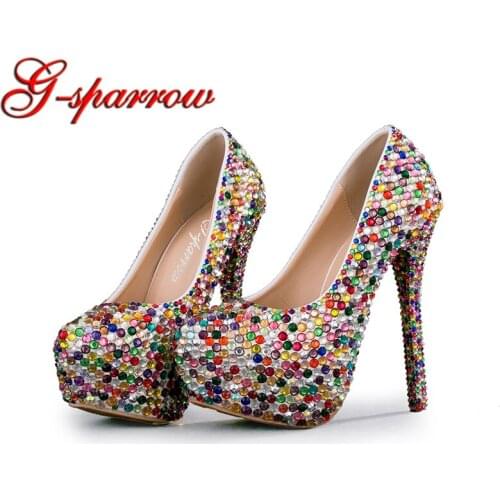 Small Rhinestone Mix Color High Heel Party Shoes Wedding Ceremony Bridal Shoes Adult Ceremony Shoes Cinderella Prom Pumps