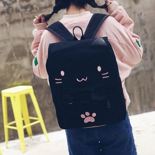 Fashion Cute Cat Embroidery Canvas Student bag Cartoons Women Backpack Leisure School bag black&pink