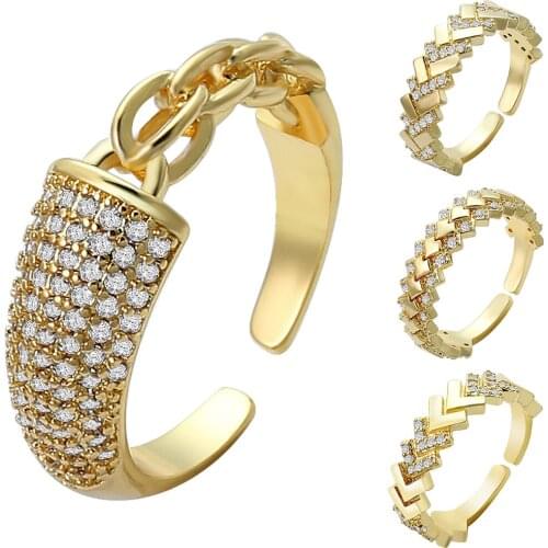 Gold Color Fashion Hip Hop Open Rings Bling Iced Out Cuban Link Chain Heart Micro Pave CZ Adjustable Ring For Women And Man